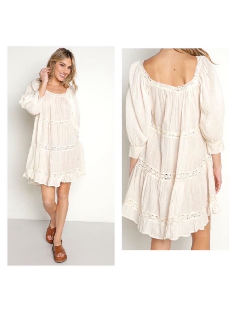 New! JEN'S PIRATE BOOTY Almond Lace Tiered Ruffled Mini Dress in Peachy Tan - Picture 6 of 12